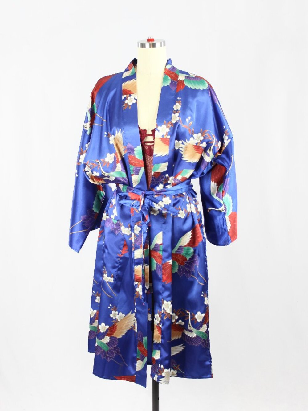 Vintage ICHIBAN Blue Oriental Floral Crane Print Satin Kimono Robe, One Size